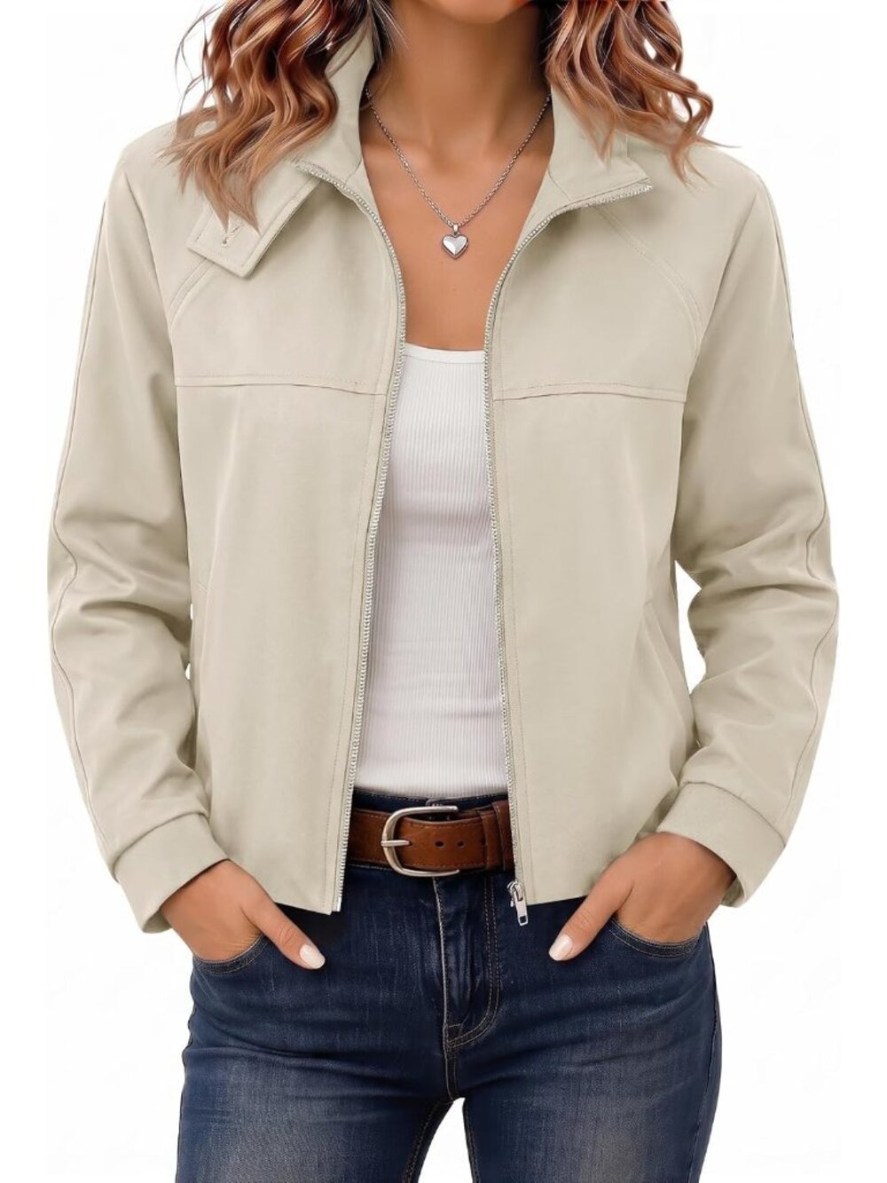 🆕Women’s Beige Cropped Zip Up Jacket Funnel Neck Bubble Back Moto Coat
